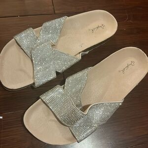 Worn Once - Silver Rhinestone Slides - Womens 9 - Like New - Super Comfortable